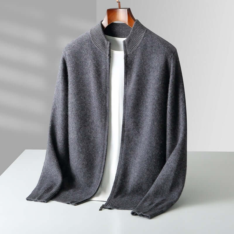 Men's dark gray wool cardigan with stand collar and zipper, ideal for spring and autumn wear.