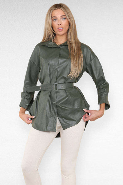 PU Faux Leather Belted Wet Look Shirt Dress eprolo