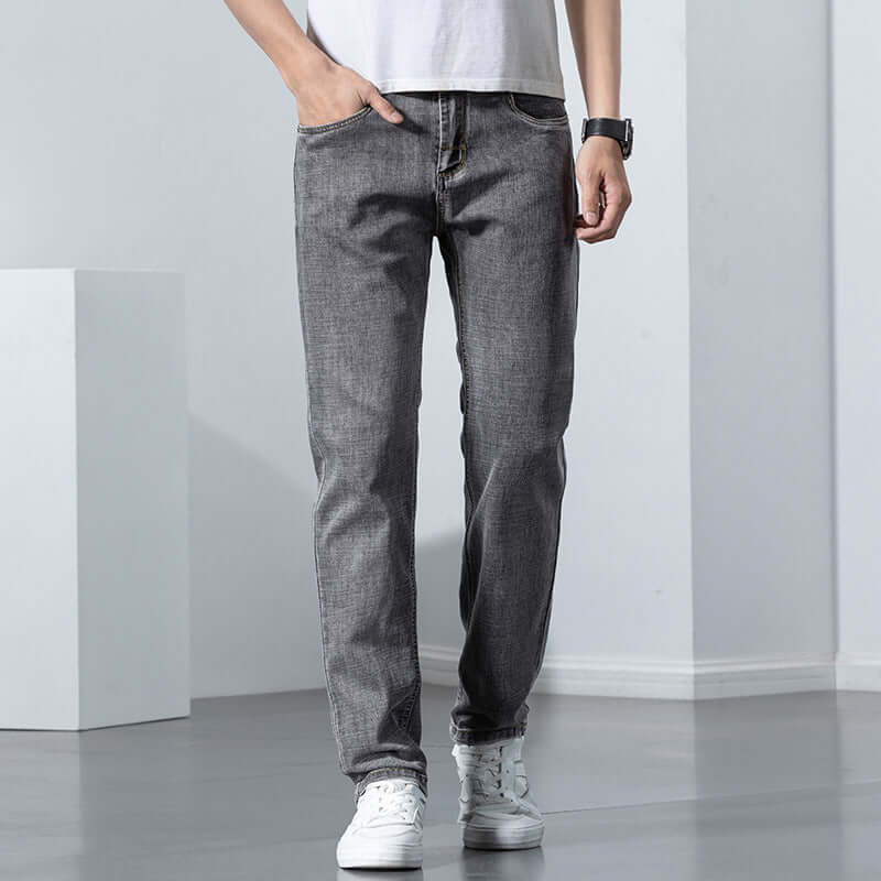 Men's retro straight jeans in black gray, featuring a mid-waist design and a casual look, perfect for teenagers.