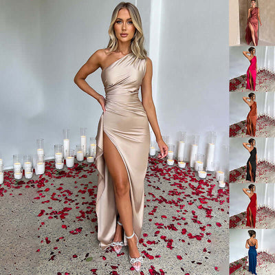 Sexy One-shoulder Backless Slit Dress Summer Elegant Slim-fit Solid Color Satin Dresses For Women Astrazona
