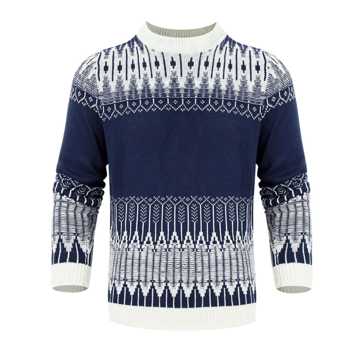 Men's knitted long-sleeved pullover sweater in navy with white patterns, perfect for fall and winter fashion.