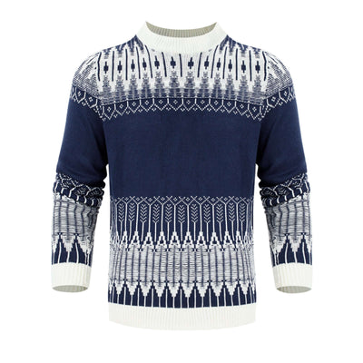 Men's knitted long-sleeved pullover sweater in navy with white patterns, perfect for fall and winter fashion.