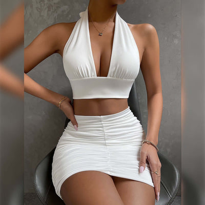2pcs Dress Suits For Women Halter Lace-up Hip Top And Pleated Hip-covering Skirt eprolo