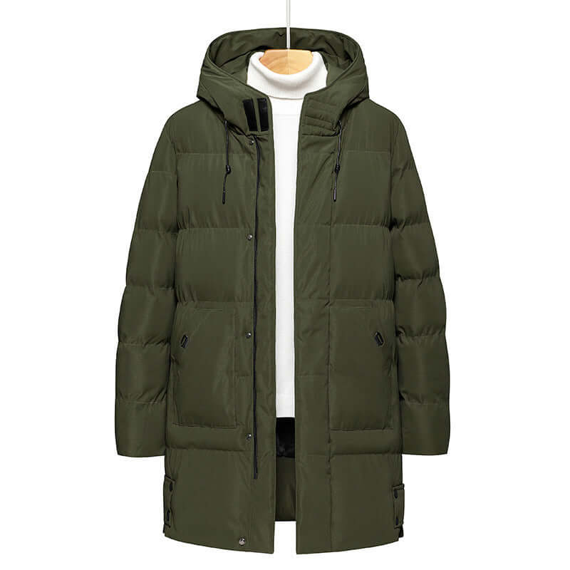 Plus Size Men's Thick Mid-length Cotton-padded Jacket in olive green, featuring a hood and multiple pockets.