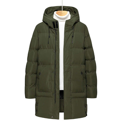 Plus Size Men's Thick Mid-length Cotton-padded Jacket in olive green, featuring a hood and multiple pockets.