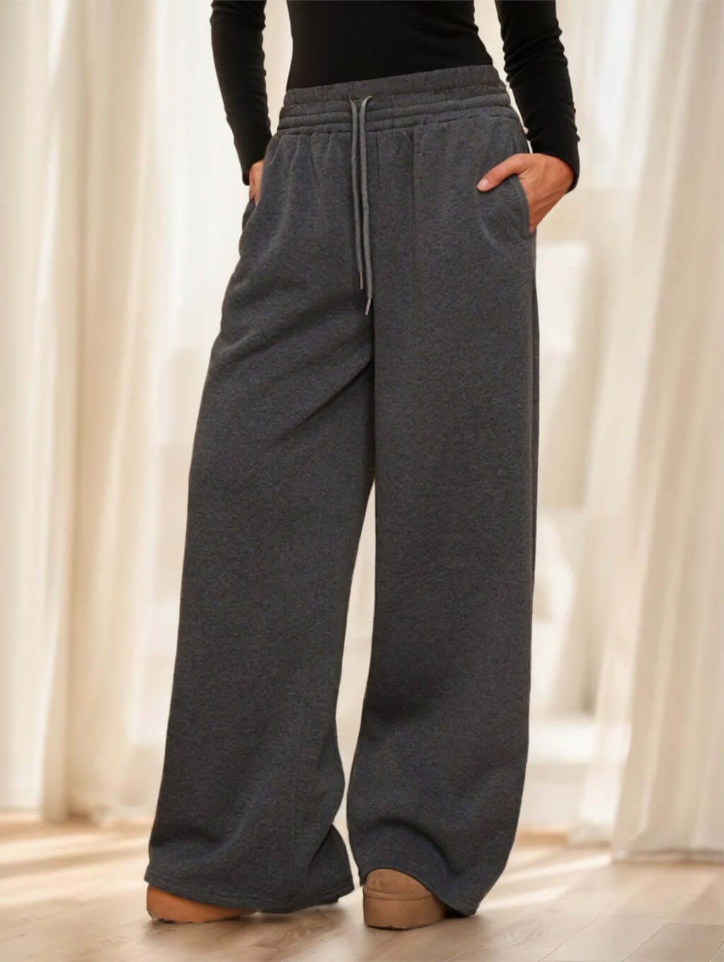 Forever 21 Autumn Winter New Thermal Lined Thick Casual Versatile High Waist Elastic Waist Loose Wide Leg Sweatpants eprolo