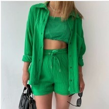 Spring Champray Lapel Long Sleeve Shirt High Waist Drawstring Shorts Plus Size Fashion Casual Set eprolo