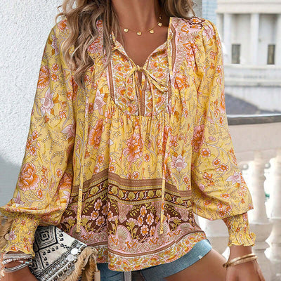 Wpmens Boho Chic Long Sleeve Blouse Floral Print V-Neck Top With Lace-Up & Drawstring Detail Elegant Vacation Shirt eprolo