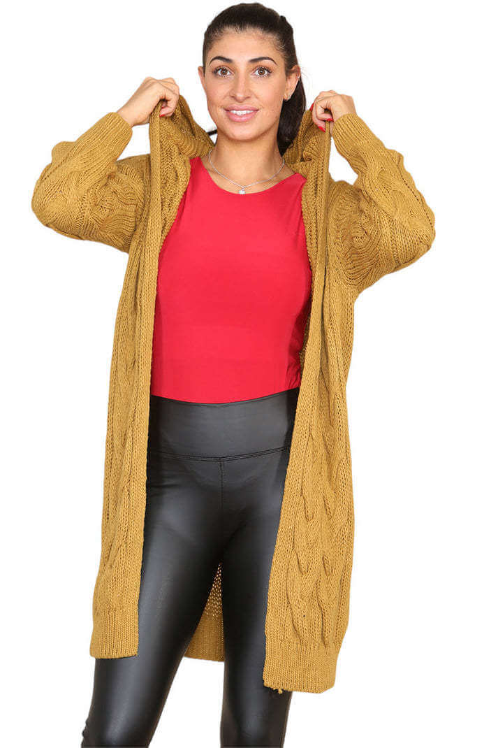 Knitted Cables Hooded Long Over Sized Cardigan eprolo