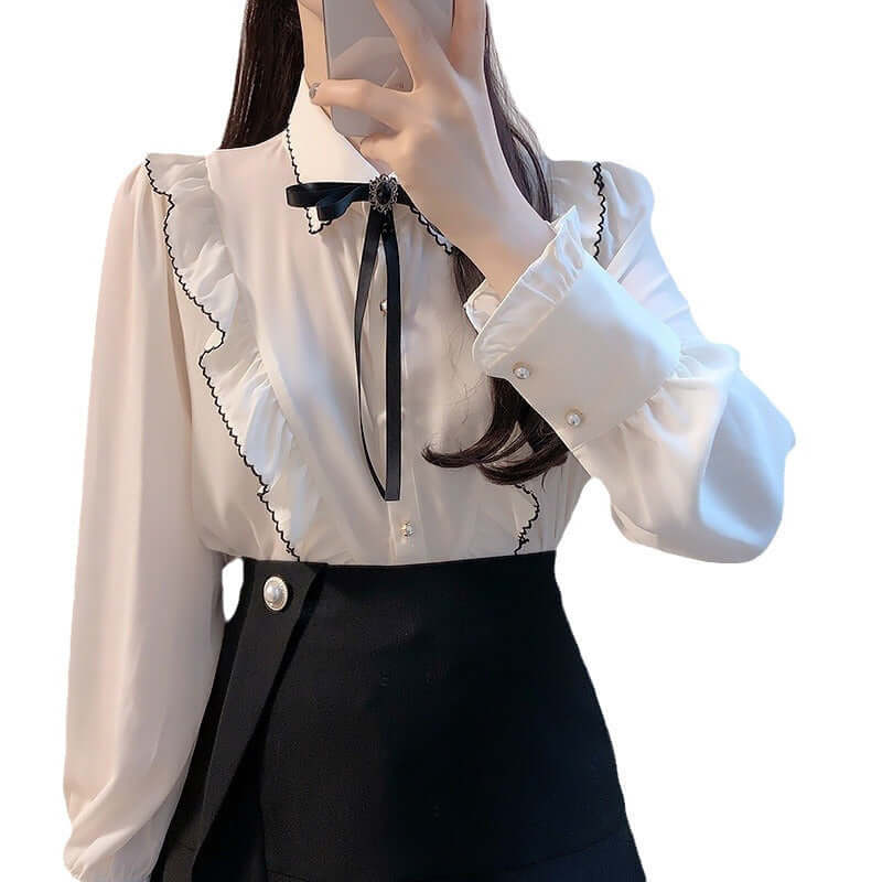 Preppy Style Pearl Buckle Bow Ruffled Collar Shirt eprolo