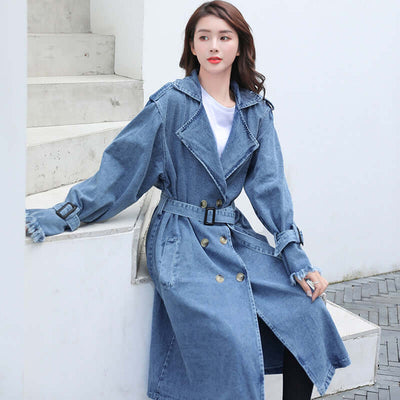 Loose Mid-length Coat With Belt Double Breasted Denim Women's Windbreaker eprolo
