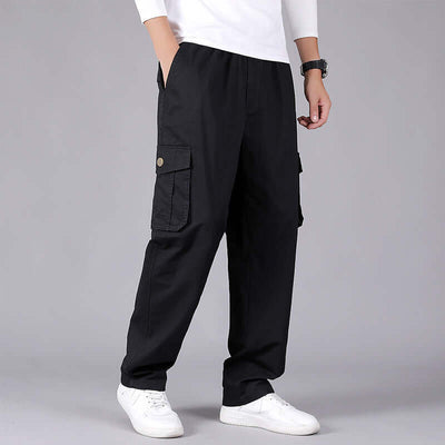 Korean style loose straight leg pants with open hem, multiple pockets, perfect for casual wear and outdoor activities.