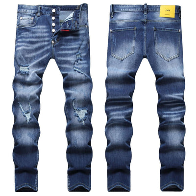 New blue ripped street fashion slim stretch denim trousers for men, stylish with mid waist and pencil pant fit.