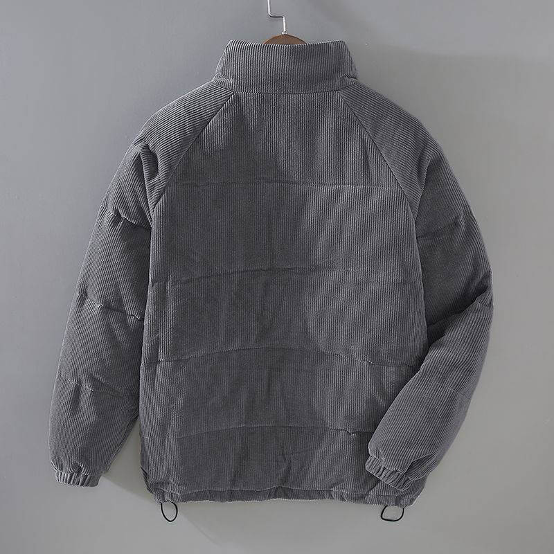 Back view of a gray puffer jacket coat, featuring a high collar and elastic cuffs, ideal for sports and casual wear.