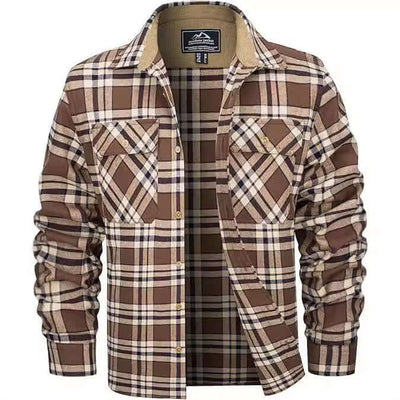 Men's brown plaid flannel casual button-up shirt with chest pockets for fall and winter wear.