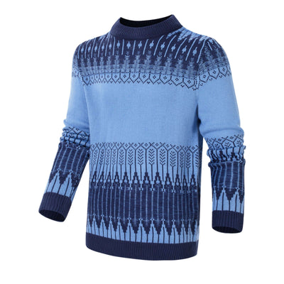 Men's knitted sweater in blue with patterned design, ideal for fall and winter fashion.