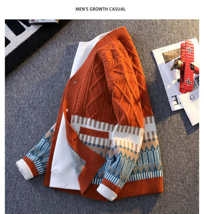 Loose contrast color knitwear cardigan in orange and blue, perfect for casual men's fashion.