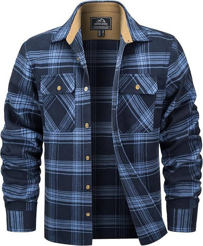 Navy plaid flannel casual button shirt for men, featuring two chest pockets and a stylish collar.