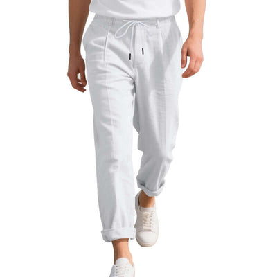 American Linen Men's Casual Pants in white, lightweight, mid-waist, loose straight fit for summer leisure wear.