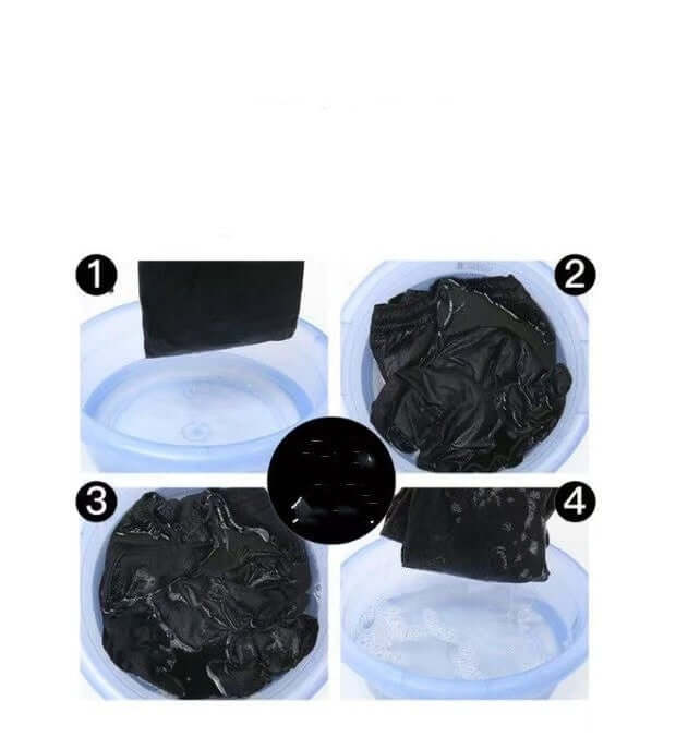 Step-by-step washing process for breathable thin black pants in a basin.