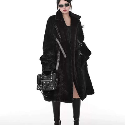 Women's mid-length dark style imitation fur plush coat with long sleeves and stand collar, paired with accessories.