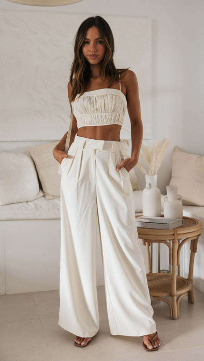 Women's Solid Color Sleeveless Suspender Short Top And Pants Set eprolo