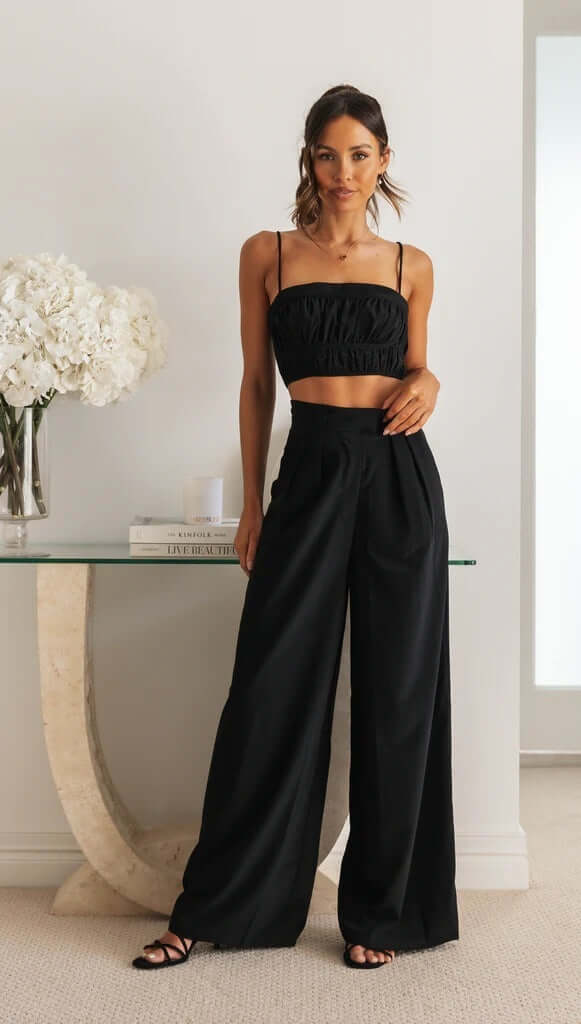 Women's Solid Color Sleeveless Suspender Short Top And Pants Set eprolo
