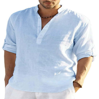 Men's Casual Cotton Linen Solid Color Long Sleeve Shirt Loose Stand Collar Astrazona