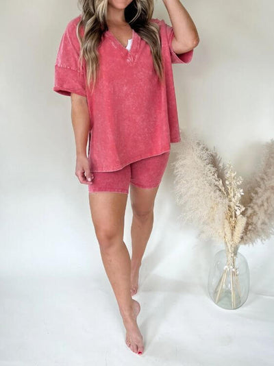 Women's V-Neck Denim-like Short-sleeved T-shirt Casual Shorts Suit eprolo