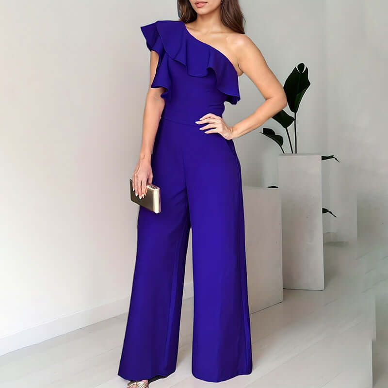 Women Summer Dressy Jumpsuits Sleeveless Ruffle One Shoulder Casual Wide Leg Pants Romper eprolo