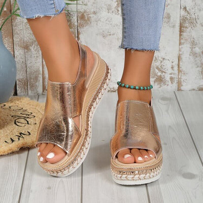 Summer Shiny Sandals Hollow Design Fish Mouth Sandal For Women Fashion Buckle Wedges Shoes eprolo