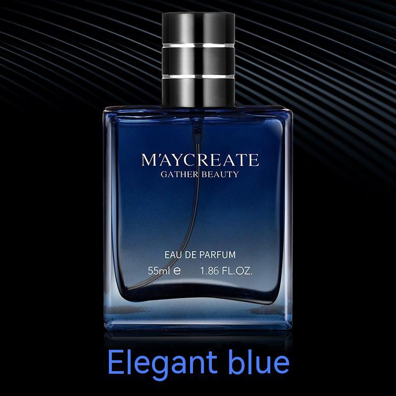Elegant blue 55ml men's perfume bottle by M'aycreate, showcasing a modern design for lasting fragrance.