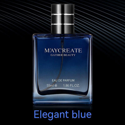 Elegant blue 55ml men's perfume bottle by M'aycreate, showcasing a modern design for lasting fragrance.