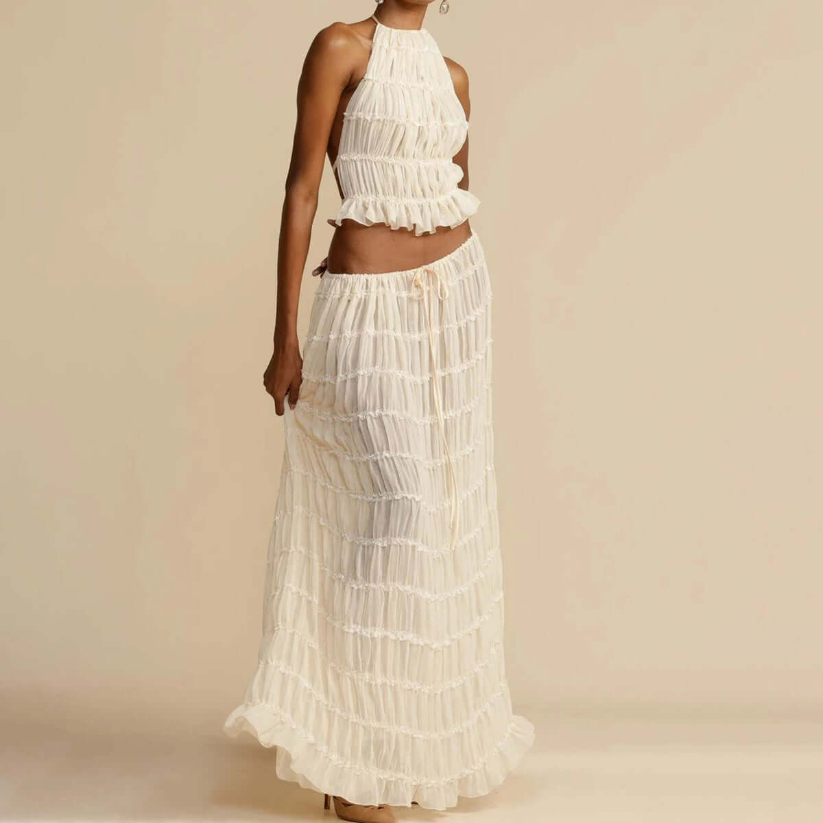 2pcs Women's Dress Suit Sexy Sleeveless Backless Cropped Halter Top And Pleated Long Skirt Beach Clothing eprolo
