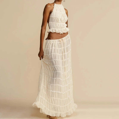 2pcs Women's Dress Suit Sexy Sleeveless Backless Cropped Halter Top And Pleated Long Skirt Beach Clothing eprolo