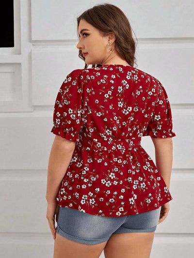 Women's Plus Size Summer Elegant V-Neck Floral Blouse - Office & Vacation Top With Belt eprolo