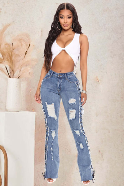 Eyelet Rope High Elasticity Slim Fit Ripped Denim Trousers Dropshipman
