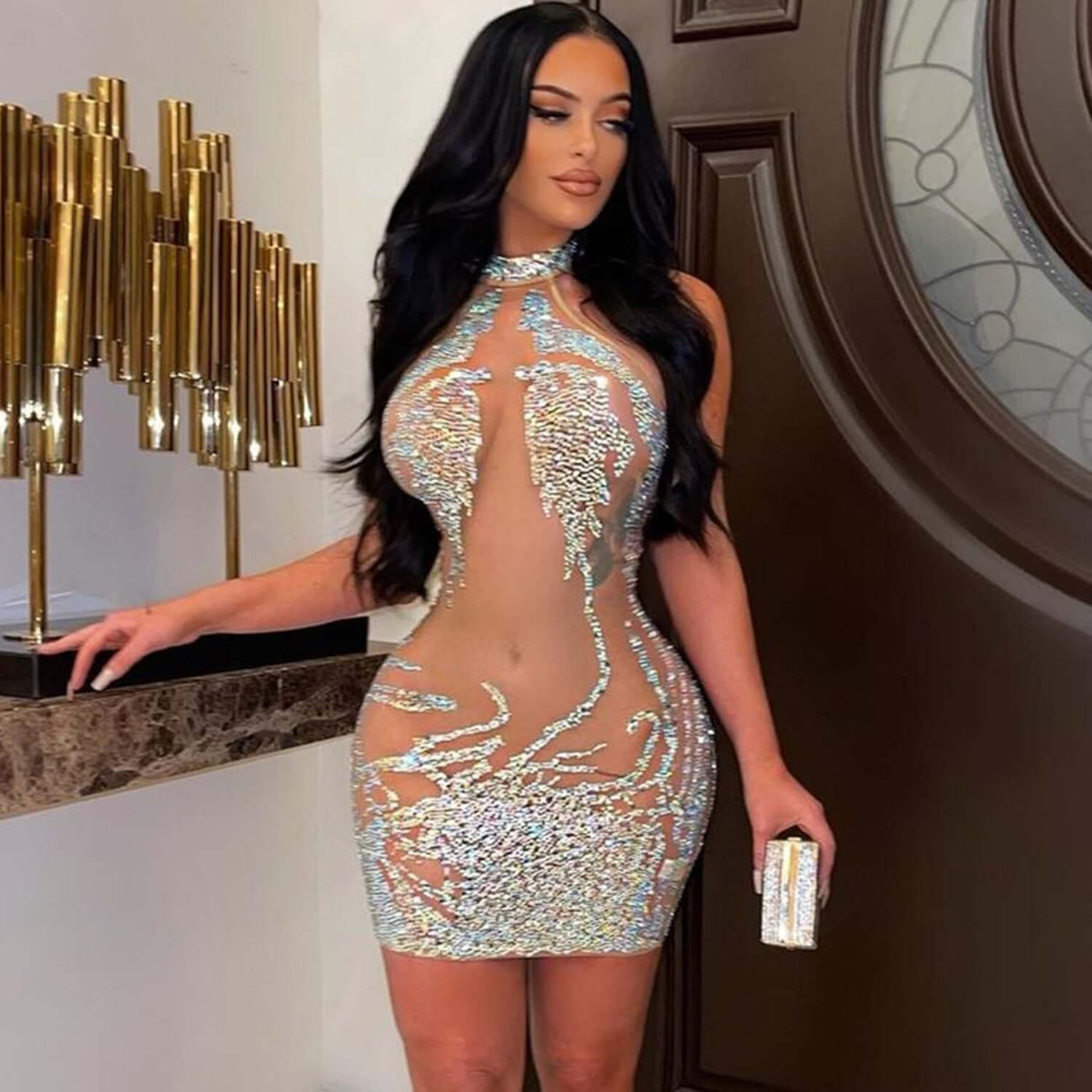 Women's Tight-fitting Mesh Hot Drill Dress eprolo