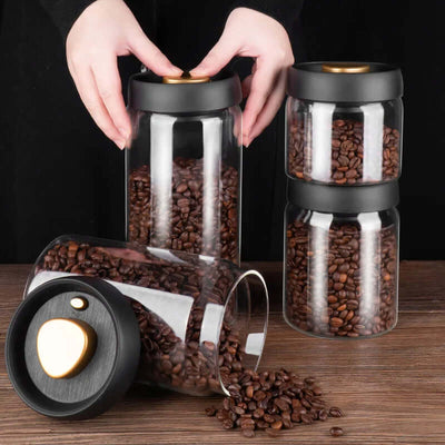 Vacuum Sealed Jug Set Black Coffee Beans Glass Airtight Canister Kitchen Food Grains Candy Keep Good Storage Jar Set Kitchen Gadgets eprolo