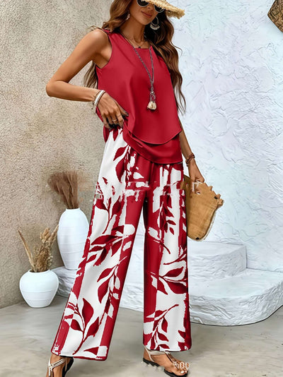 Women's printed sleeveless vest with loose straight pants