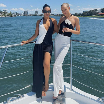Black And White Contrast Color Split Dress Women eprolo