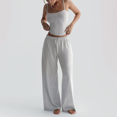 Sleeveless backless sexy suspender trousers suit in gray, featuring a solid pattern and relaxed fit.