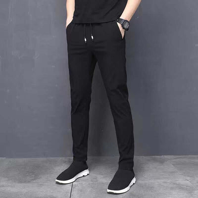 Breathable black thin pants for men, straight tube design, high elasticity, perfect for casual wear and quick drying.