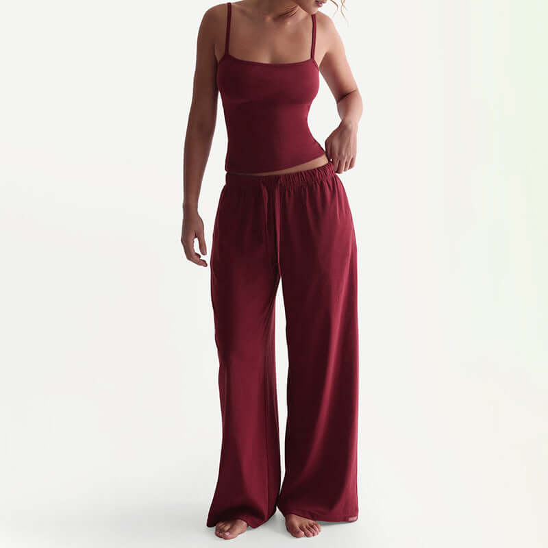 Sleeveless backless sexy suspender trousers suit in wine red, featuring a solid color and stylish wide-leg design.