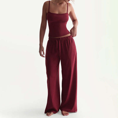 Sleeveless backless sexy suspender trousers suit in wine red, featuring a solid color and stylish wide-leg design.