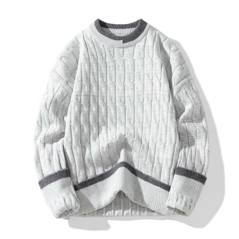 Light gray long sleeve pullover sweater with textured knit design and contrasting hem, perfect for autumn and winter wear.