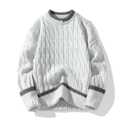 Light gray long sleeve pullover sweater with textured knit design and contrasting hem, perfect for autumn and winter wear.