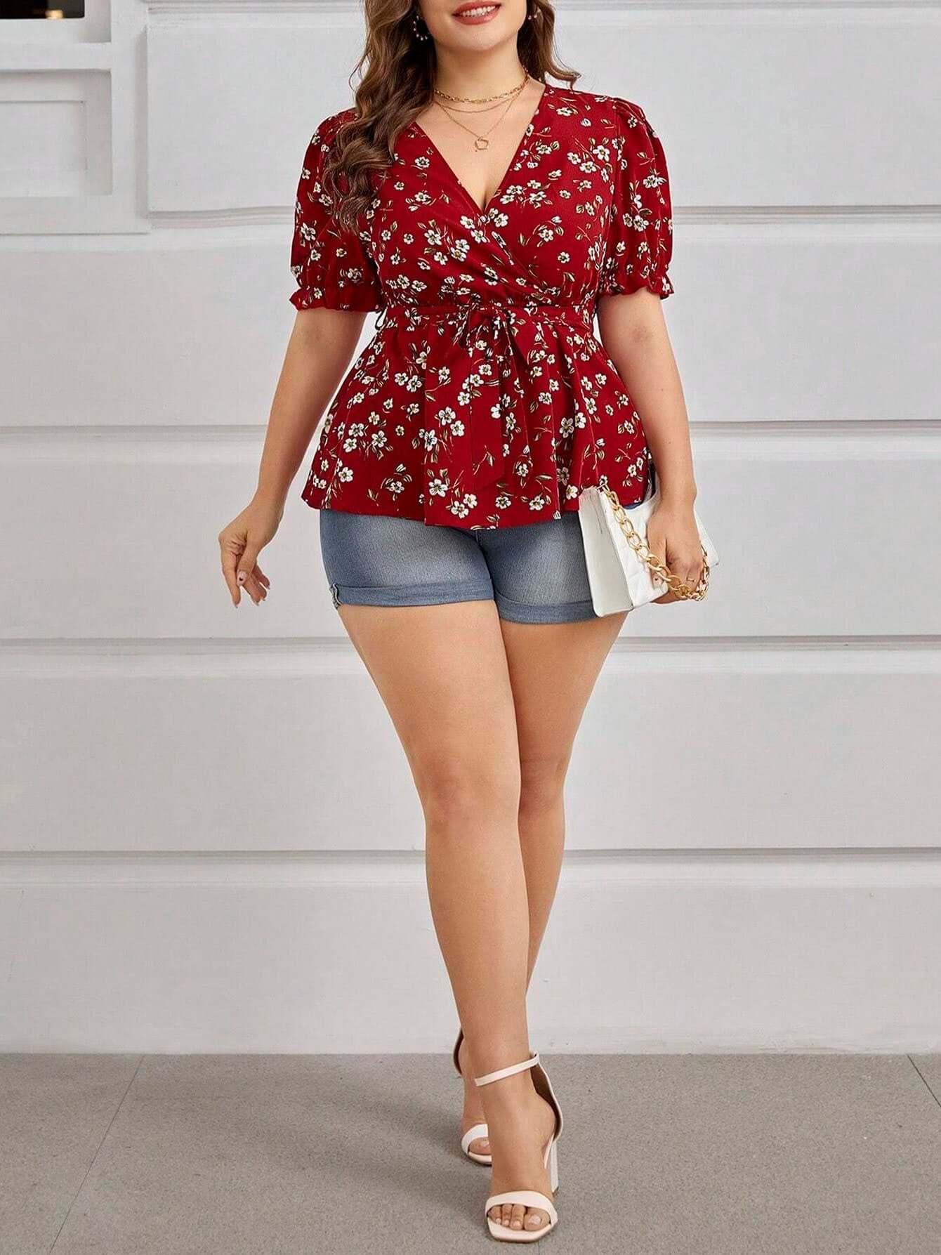 Women's Plus Size Summer Elegant V-Neck Floral Blouse - Office & Vacation Top With Belt eprolo