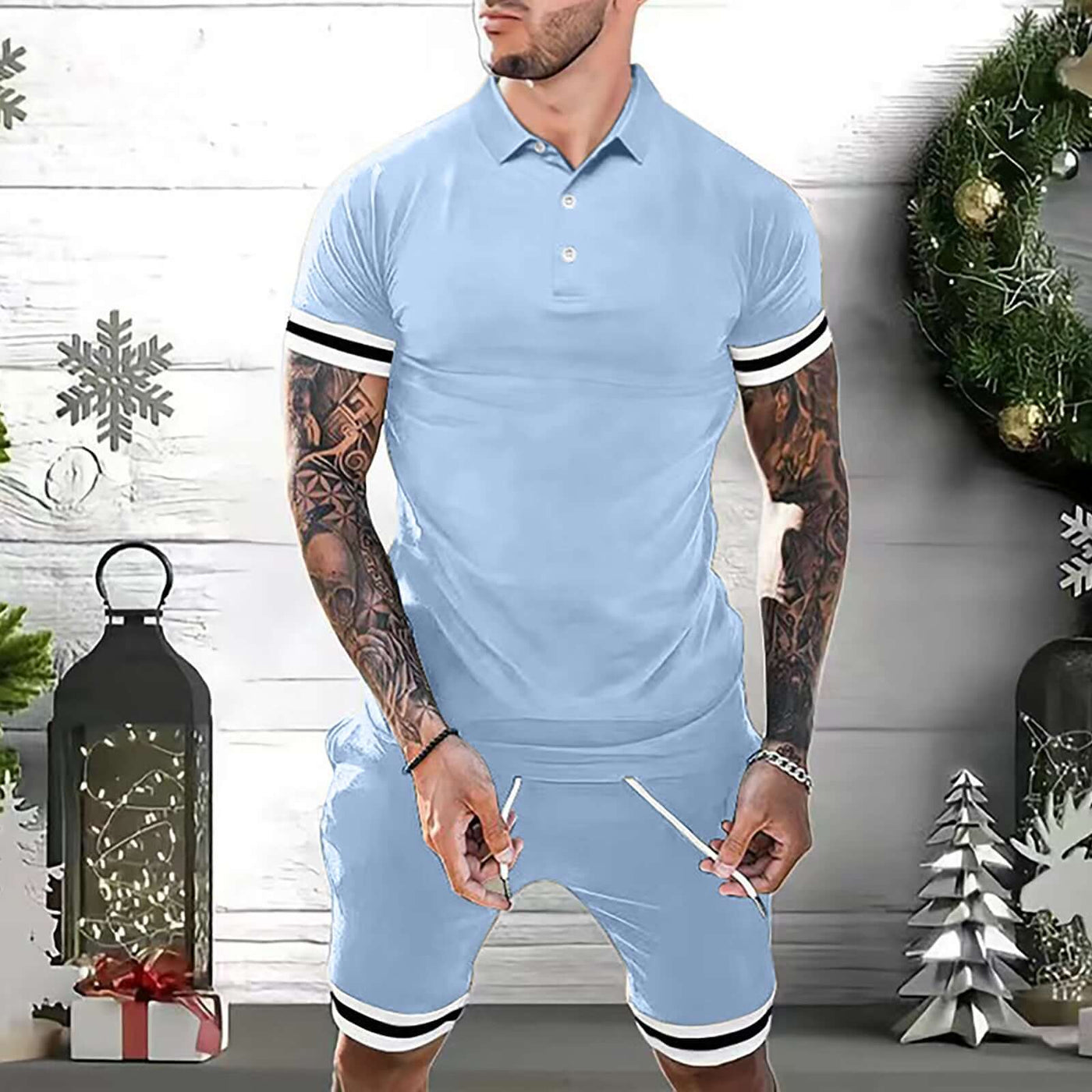 Men's light blue short set outfit featuring a polo shirt and shorts, perfect for summer casual wear.