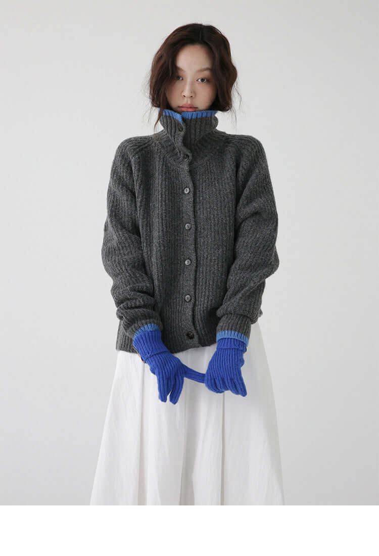 Color Blocking Collar Single Breasted Wool Knitted Cardigan Jacket eprolo